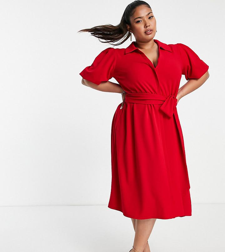 Asos Design Curve Belted Shirt Dress In Red