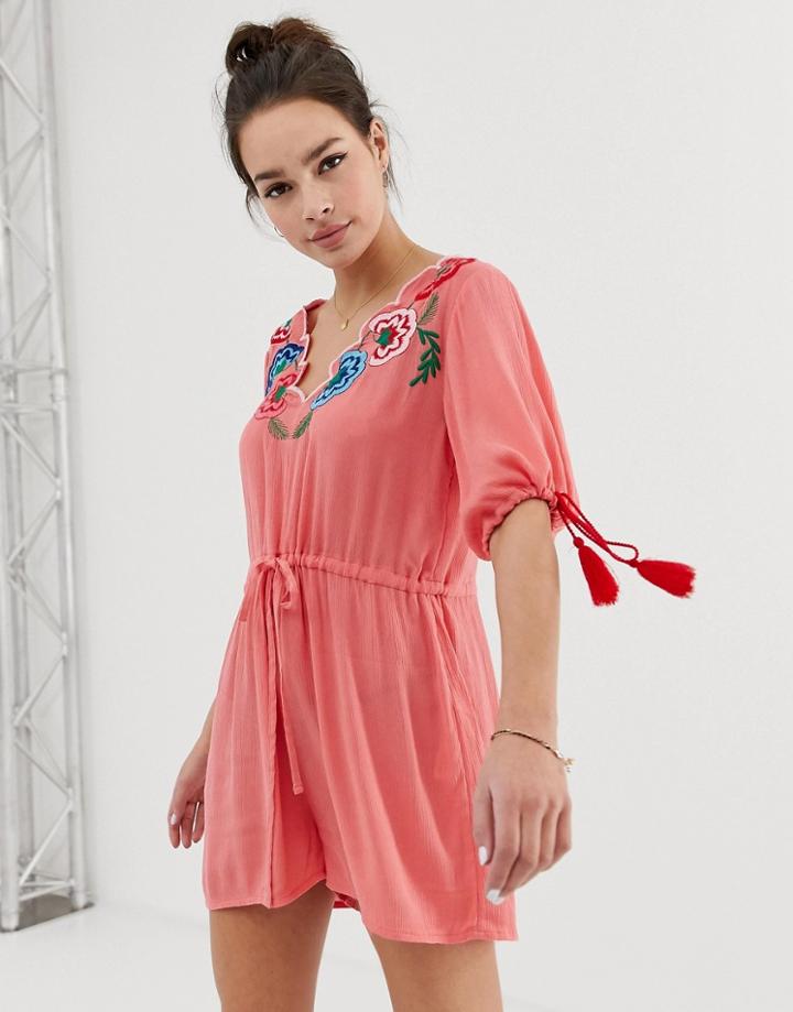 Asos Design Romper With Embroidery And Tie Sleeve Detail - Multi