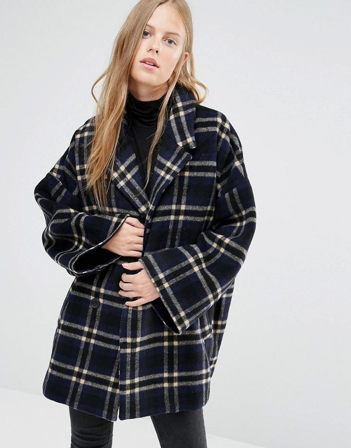 Ganni Double Breasted Coat In Blue Check - Multi