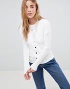 Asos Design Cardigan In Fine Knit Rib With Buttons - Cream