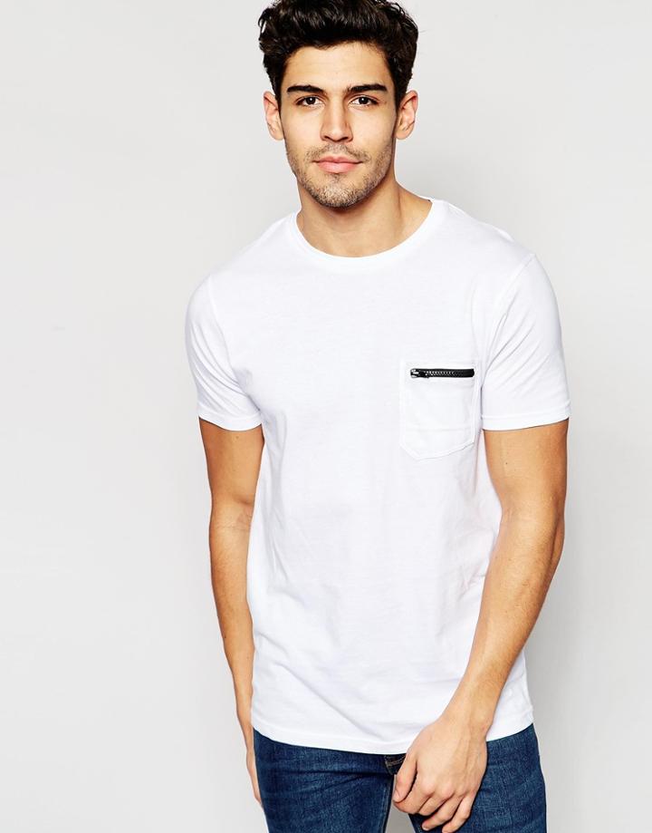 Brave Soul Plain Zip Pocket T-shirt - White