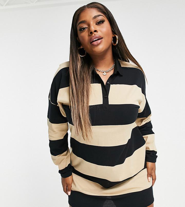 Asos Design Curve Long Sleeve Collared Shirt Mini Dress In Black And Sand Stripe-white