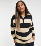 Asos Design Curve Long Sleeve Collared Shirt Mini Dress In Black And Sand Stripe-white