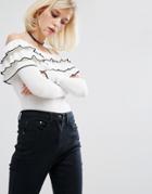 Lost Ink Cold Shoulder Triple Ruffle Sweater - White