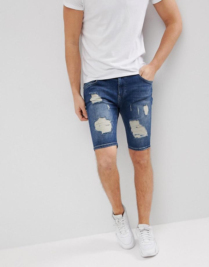 Siksilk Super Skinny Denim Shorts In Blue With Distressing - Blue