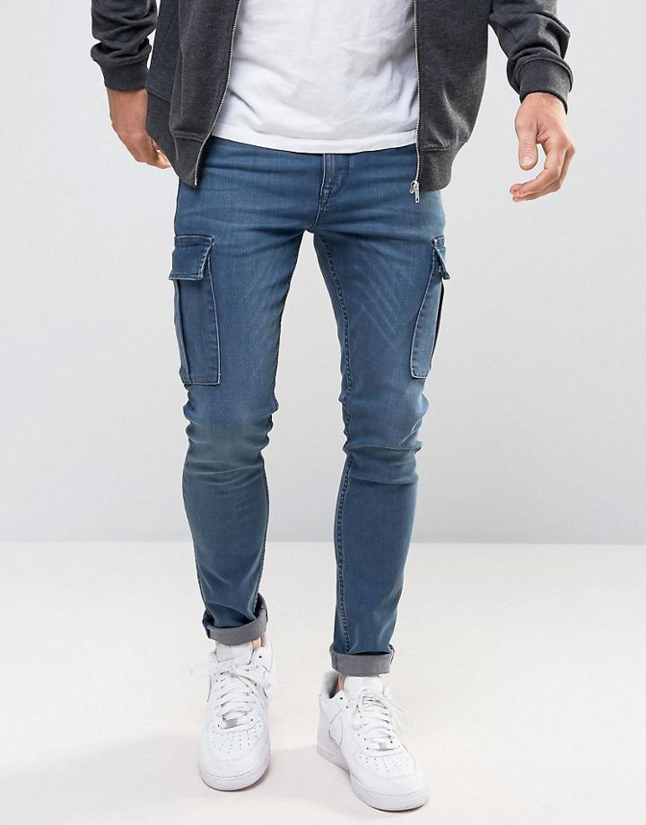 Asos Super Skinny Jeans With Cargo Details In Smokey Blue - Blue