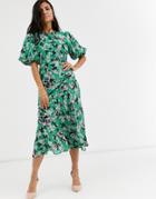 Asos Design Ruched Maxi Dress With Puff Sleeve In Floral Print - Multi
