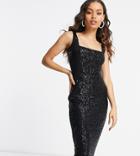 Club L London Petite Sequin Square Neck Midi Pencil Dress In Black