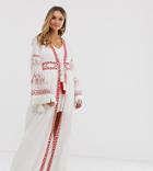 Violet Skye Maxi Kimono Jacket With Fringe Sleeves And Tassels In Cream