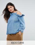 Asos Curve Denim Cold Shoulder Top With Ruffle In Mid Wash Blue - Blue