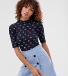 Monki Cherry Print Ribbed Short Sleeve Crew Neck T-shirt In Navy - Navy
