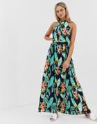 Qed London High Neck Tie Back Maxi Dress In Floral Print - Multi