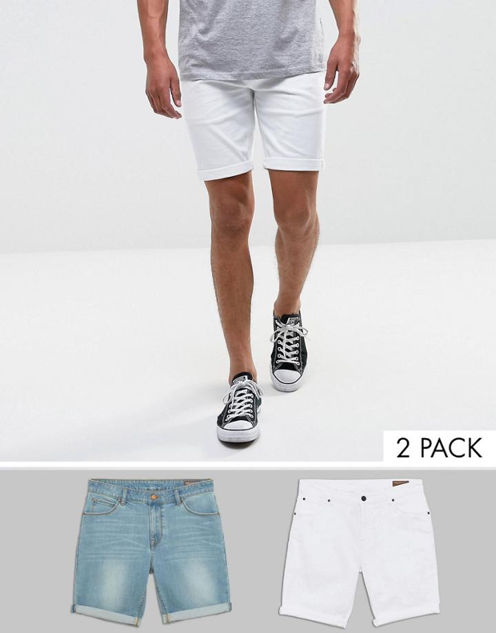 Asos 2 Pack Skinny Denim Shorts In White And Light Wash Blue Save - Multi
