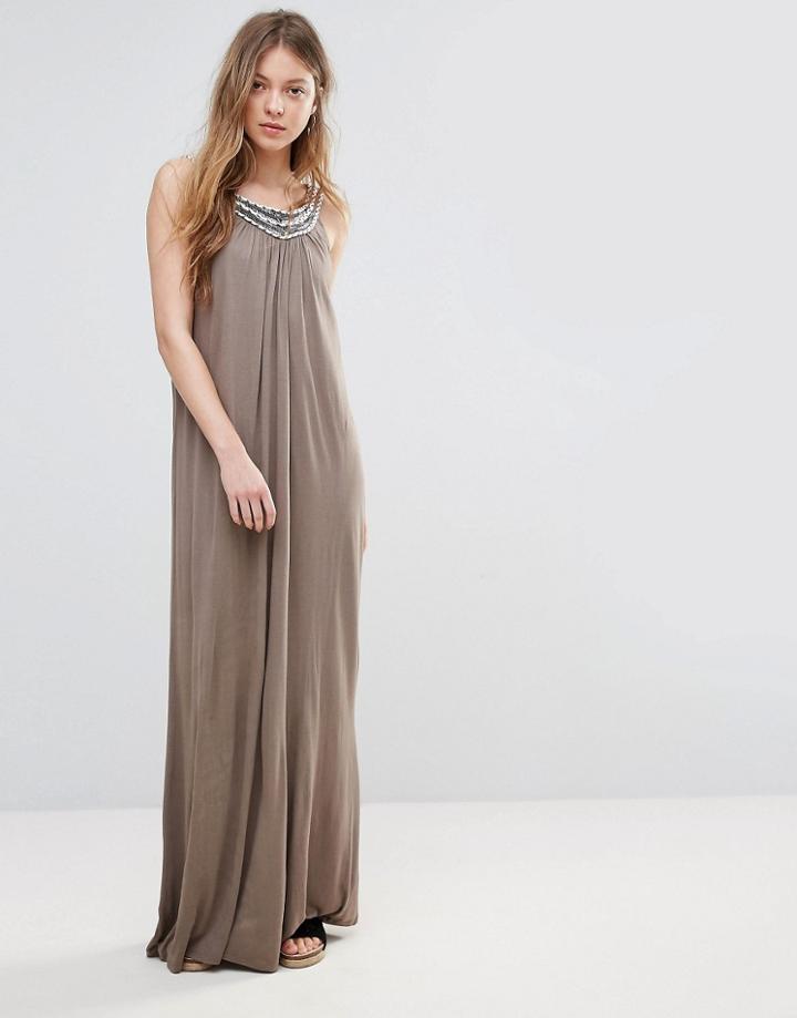 Vero Moda Maxi Dress With Crochet Trim - Brown