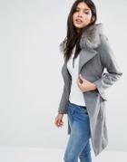 Brave Soul Longline Belted Coat With Faux Fur Trim - Gray