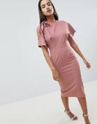 Asos Design Eyelet Cold Shoulder Pencil Dress - Pink