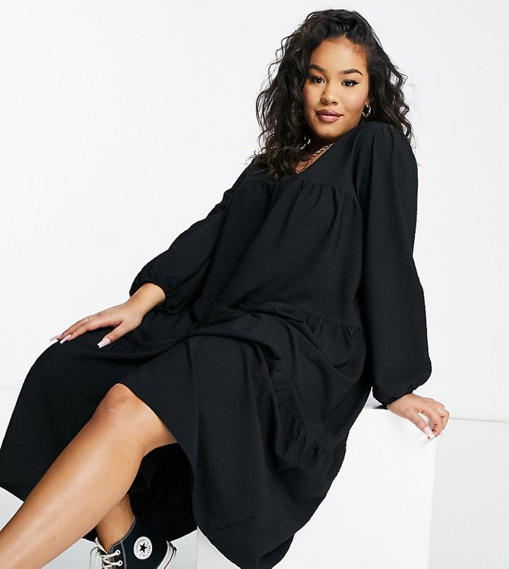Asos Design Curve Seersucker Tiered Midi Smock Dress In Black