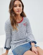 Nocozo Stripe Top With Fringe Sleeve And Embroidered Slogan - Navy