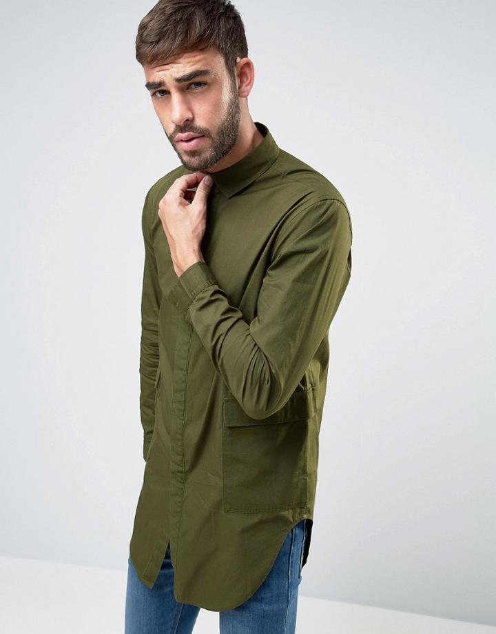 Asos Regular Fit Longline Shirt In Khaki - Green