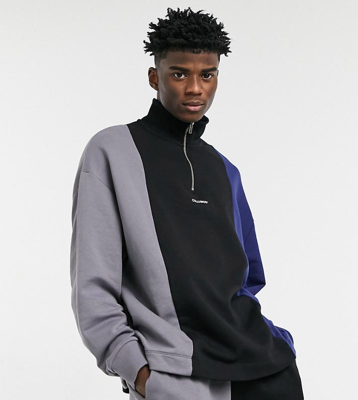 Collusion Oversized Funnel Neck Sweatshirt With Half Zip In Color Block-multi