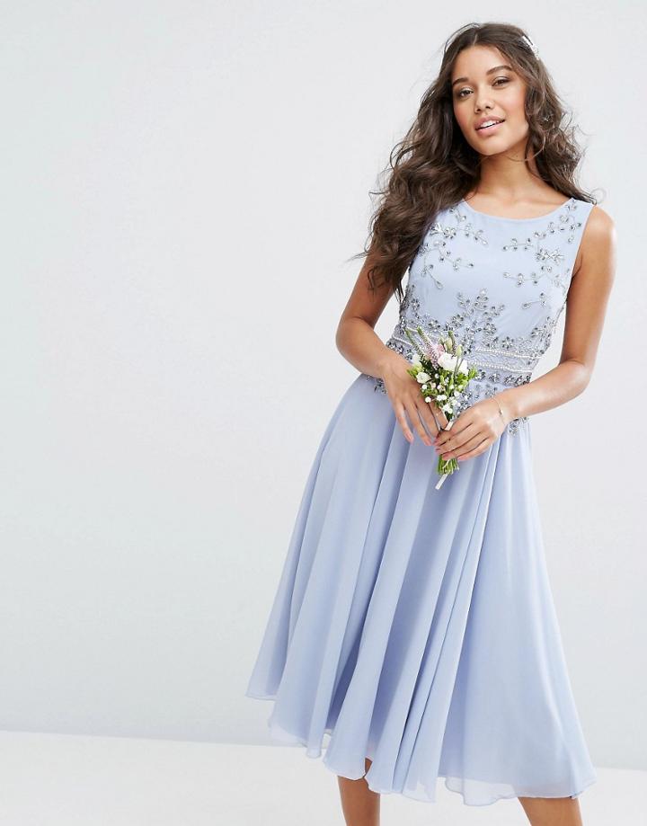 Maya Midi Dress With Lace Embellishment And Circle Skirt In Chiffon - Blue