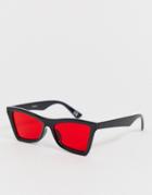 Asos Design Plastic Square Concave Sunglasses In Black With Red Lenses