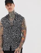 Asos Design Sleeveless Spot Shirt With Grandad Collar - Black