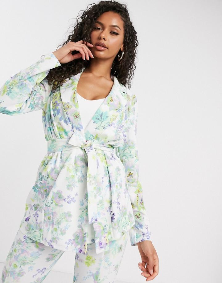 Asos Design Jersey Wrap Suit Blazer In White Floral-multi