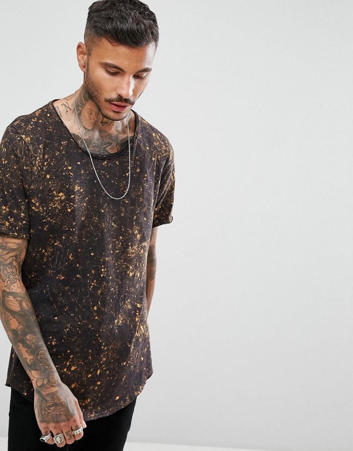 Asos Super Longline T-shirt With Curved Hem And Scoop Neck In Painting Wash - Black