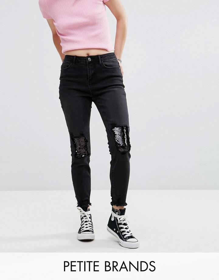 New Look Petite Sequin Knee Fray Hem Jeans - Black