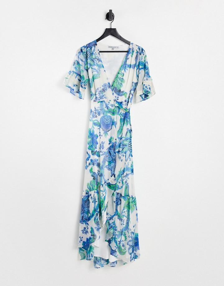 Hope & Ivy Ruffle Wrap Maxi Dress In Ivory Cobalt Floral-white