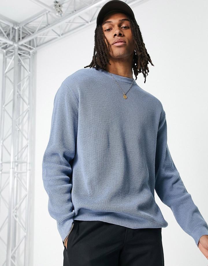 Topman Knit Long Sleeve Crewneck Sweater With Texture In Blue