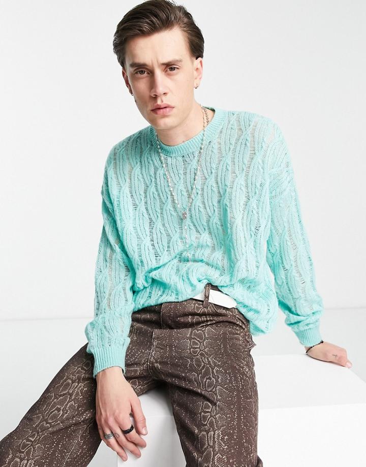 Asos Design Oversized Knit Cable Sweater In Blue