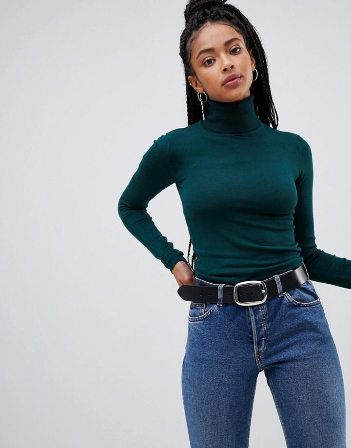 Pull & Bear Roll Neck Long Sleeved Jumper In Green - Green