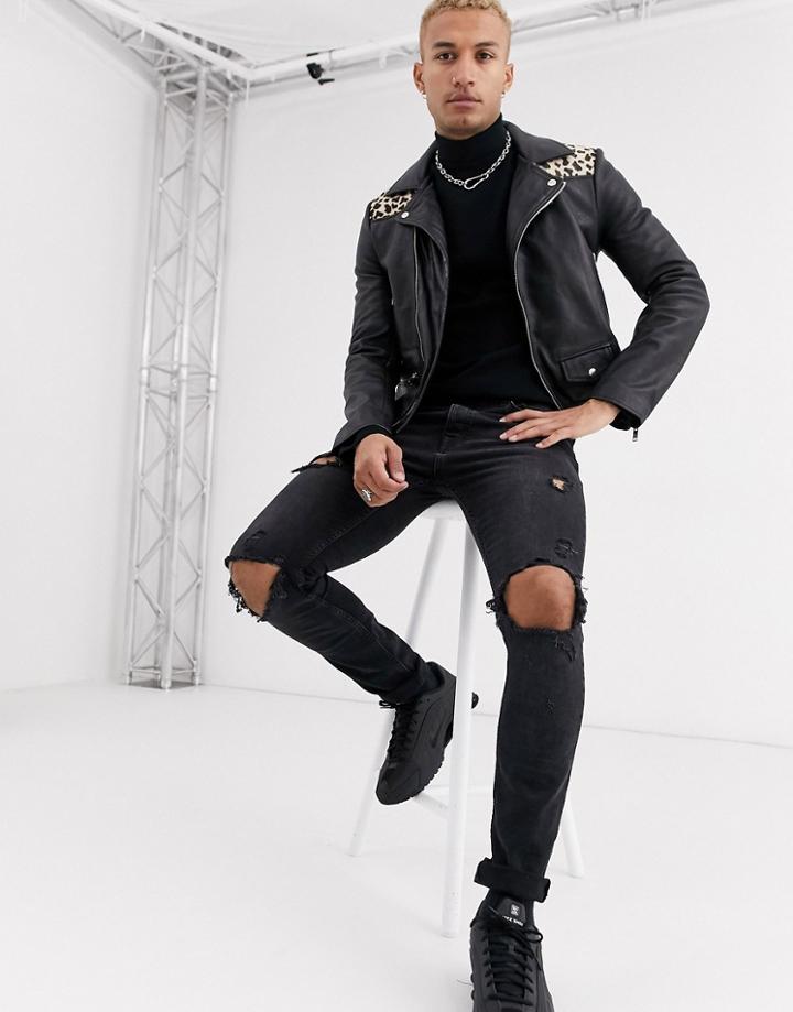 Bolongaro Trevor Leopard Yoke Biker Leather Jacket-black