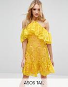 Asos Tall Lace Cold Shoulder Dress With Contrast Lining - Yellow