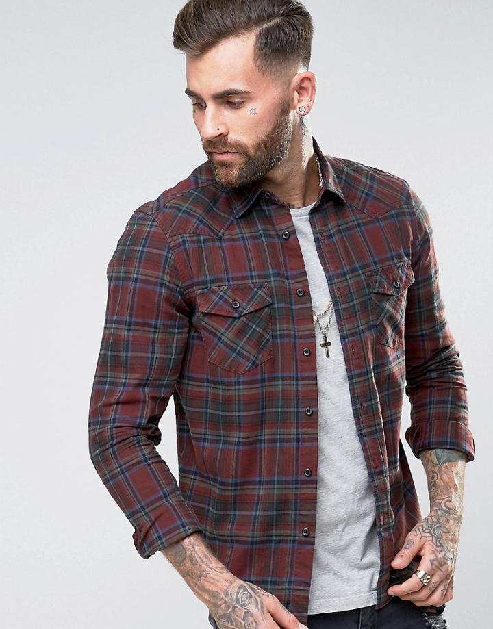Asos Regular Fit Check Shirt With Grandad Collar In Red - Red