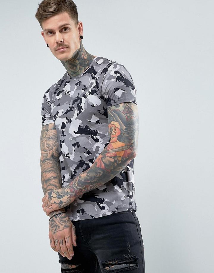 Noose & Monkey Muscle Fit T-shirt In Camo Print - Gray