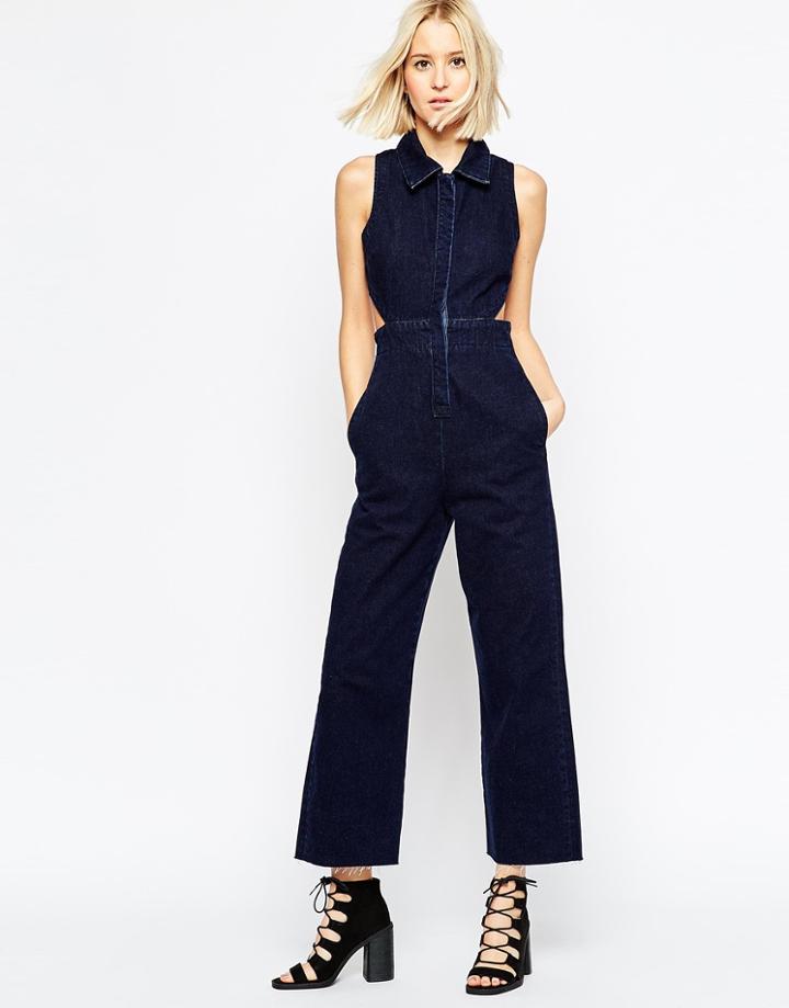 Asos Denim Wide Leg Jumpsuit With Collar In Indigo - Indigo