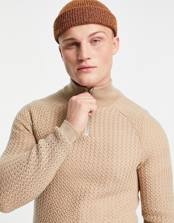 Asos Design Muscle Fit Textured Knit Half Zip Sweater In Beige-neutral