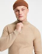 Asos Design Muscle Fit Textured Knit Half Zip Sweater In Beige-neutral