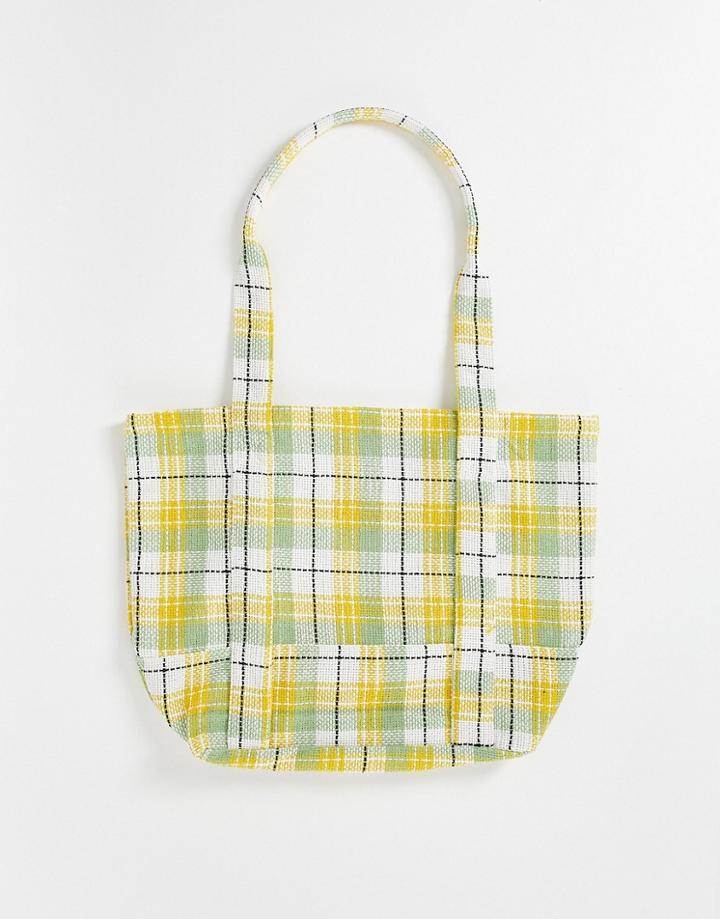 Asos Design Oversized Tote Bag With Woven Check Design In Green And Yellow-multi