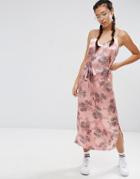 Asos Midi Satin Cami Dress With Tie Waist In Floral Print - Multi