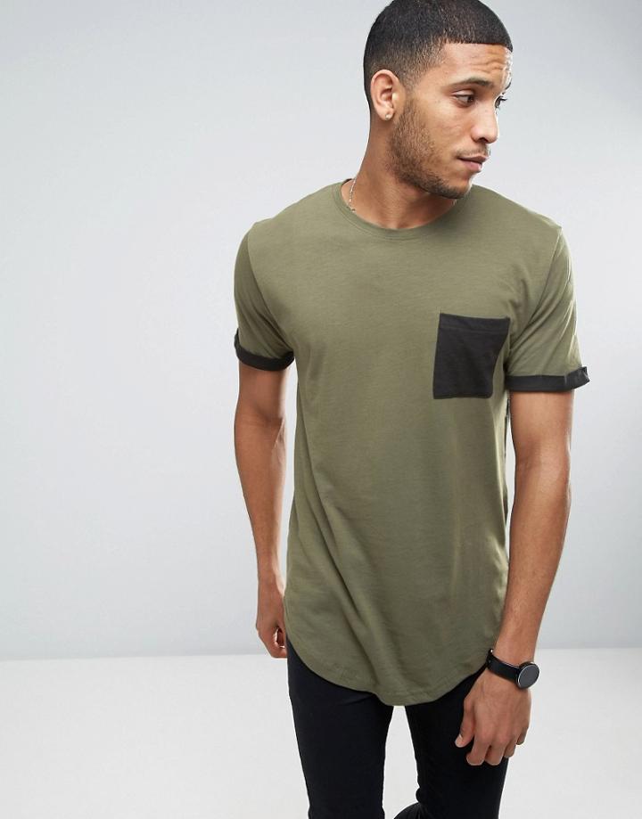 Only & Sons Longline T-shirt With Contrast Pocket And Cuff - Green
