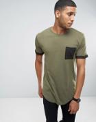 Only & Sons Longline T-shirt With Contrast Pocket And Cuff - Green