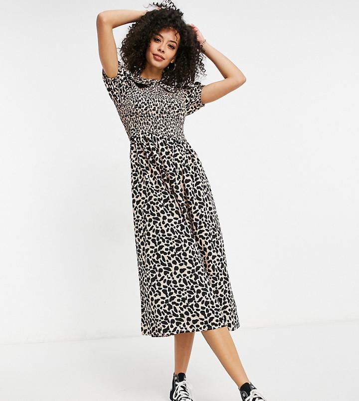 New Look Tall Collar Detail Smock Midi Dress In Animal Print-black