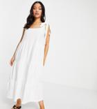 Asos Design Petite Square Neck Tie Shoulder Tiered Maxi Dress In White