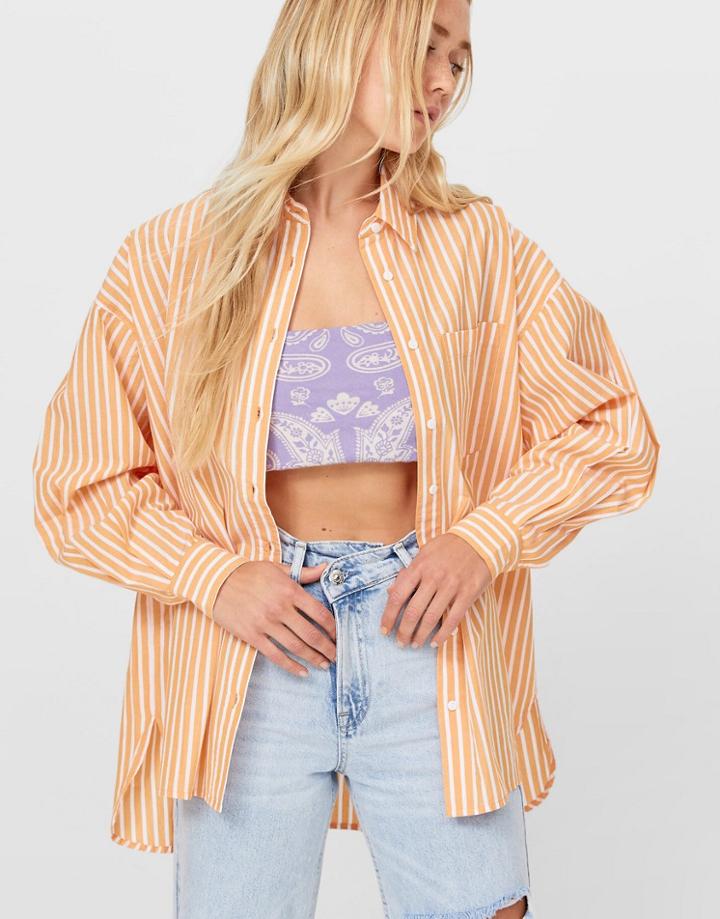 Stradivarius Oversized Shirt In Orange Stripe