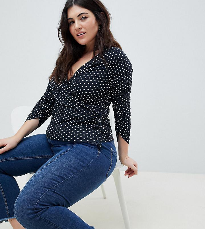 Asos Design Curve Wrap Top With Tie Side And Ruched Sleeve Detail In Polka Dot - Black