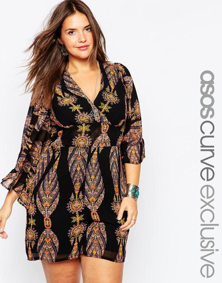 Asos Curve Romper With Frill Sleeves In 70s Paisley Print - Multi